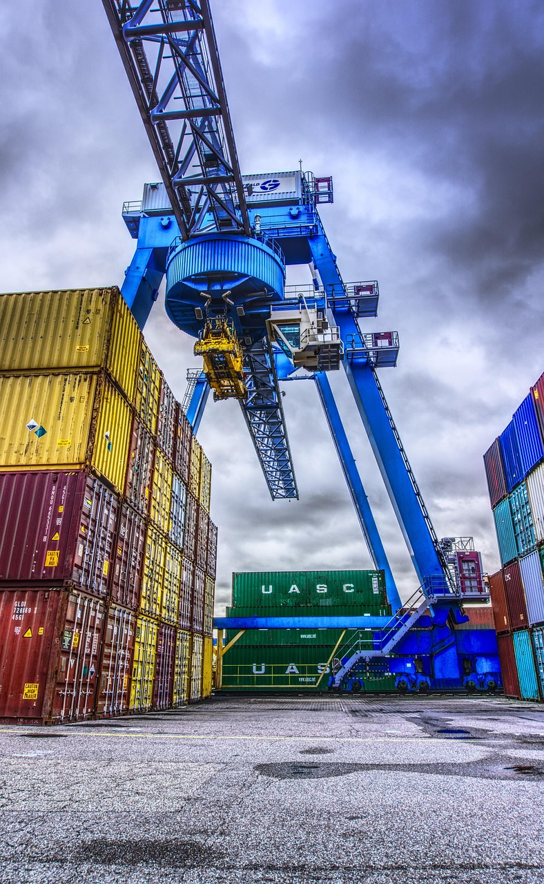 container, port, loading, stacked, container terminal, container handling, loading crane, crane, freight, transshipment point, germany, to dye, heaven, clouds, hdr, contrast, nature, high dynamic range, multicoloured, industry, company, heavy, stole